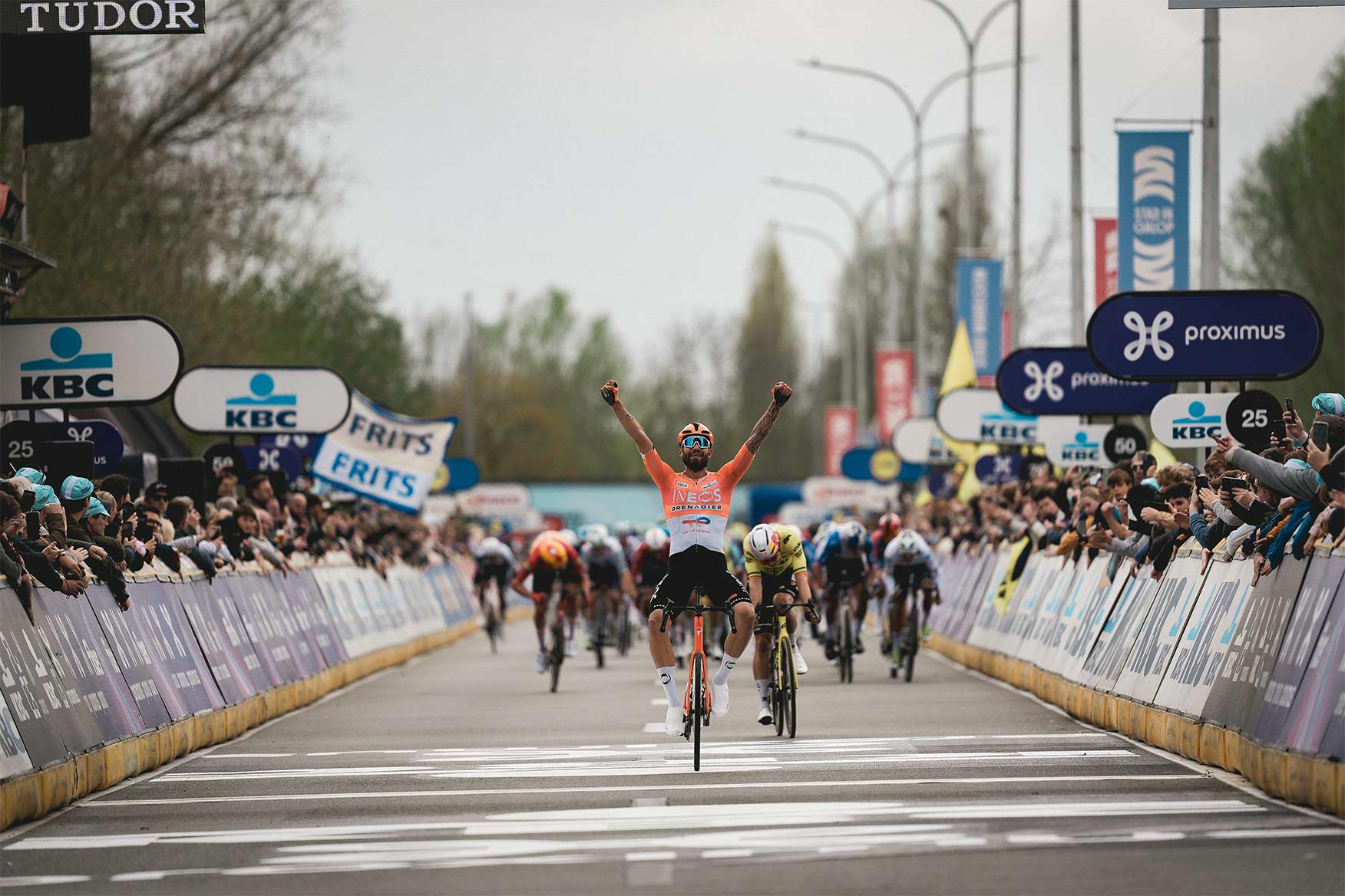 Ganna overtakes Van Aert in final meters to win 80th edition of Dwars door Vlaanderen